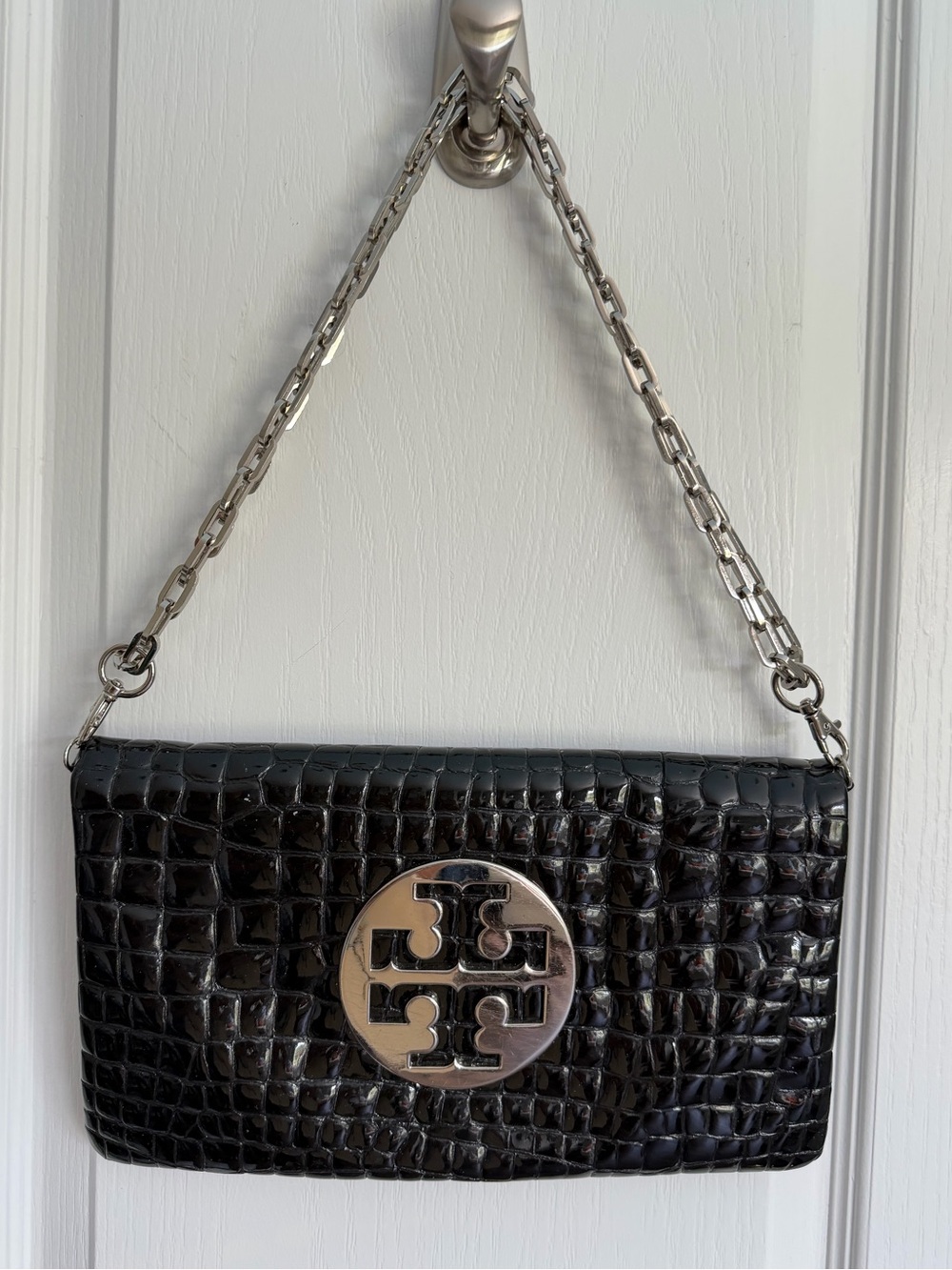 Tory Burch Black Croc-Embossed Silver Logo Shoulder/Clutch Bag w/ Silver Chain
